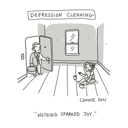 Sketchbook: Depression Cleaning Gag cartoon, illustration, empty apartment, marie kondo method, cleaning, depression, mental health awareness, sketchbook drawing humor by Connie Sun, cartoonconnie