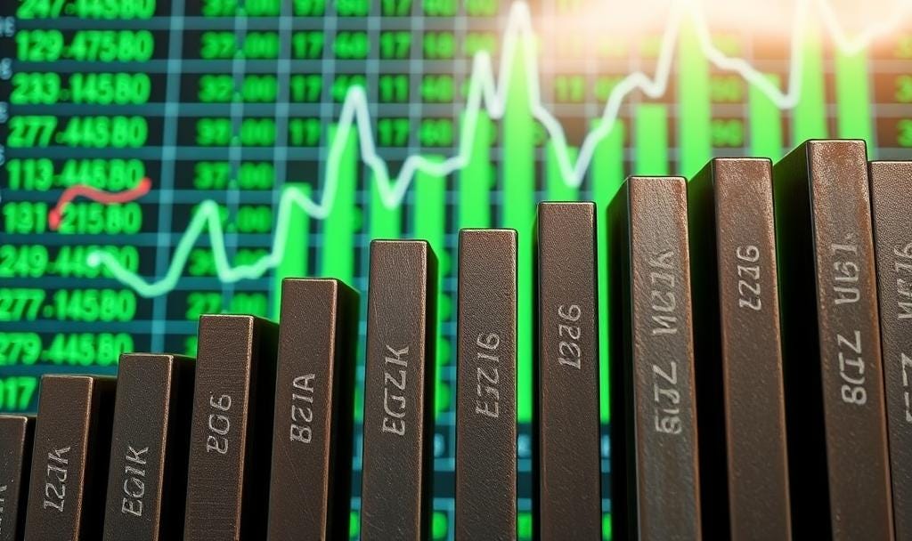 Steel factory with rising stock chart overlay