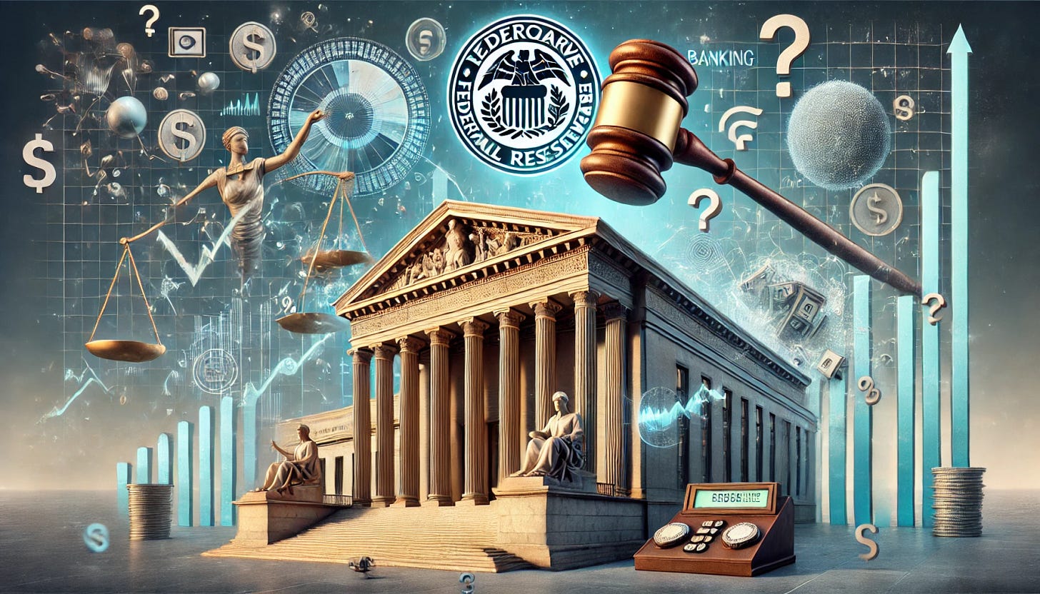 A conceptual image representing complex financial and economic themes. In the center, a large classical bank building with imposing columns stands, slightly tilted, symbolizing instability. To the left, a giant gavel strikes down towards a scale with the bank on one side and a regulatory document on the other, representing banks suing their regulators. On the right, digital streams of data flow out of the bank towards various devices, illustrating open banking. Above, a large Federal Reserve emblem floats independently, symbolizing Fed independence. In the background, an economic graph with a flat line at 0% shows aspirational inflation. Scattered question marks and philosophical symbols like a thinking head hint at fallibilism. The overall tone is thoughtful and analytical, blending finance with a hint of uncertainty.