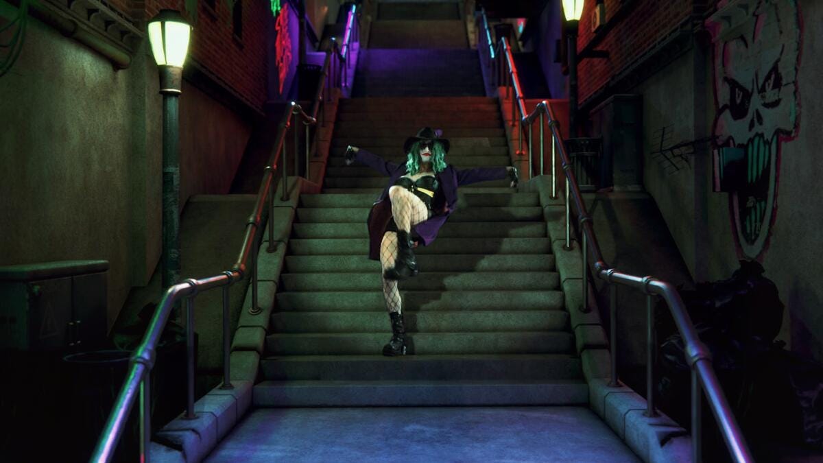 Vera Drew dressed as the Joker, recreating the staircase dance from the more famous Joker film.