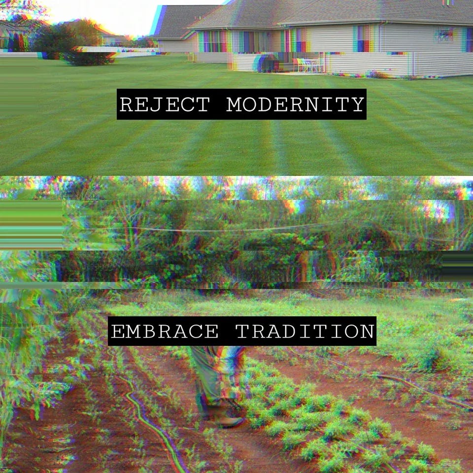 two images of lawns, one trimmed, the other wild, with the words 'reject modernity' and 'embrace tradition'