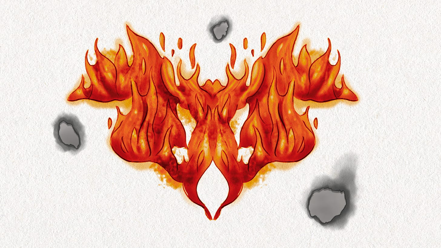 Cartoon of a fiery Rorschach blot, to demonstrate the idea that what people see in fire is partly dictacted by their personality and background