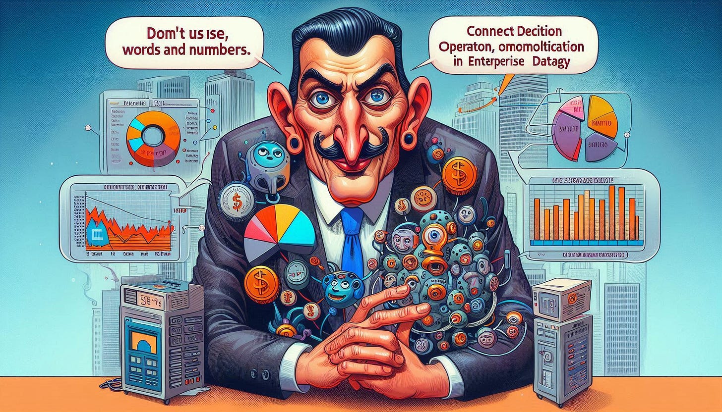 Caricatura satirica. No uses palabras ni números. Conecta decisión, operación y monetización en la estrategia de datos empresarial