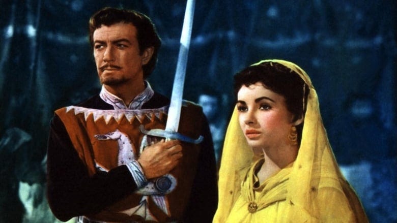 Robert Taylor playing Ivanhoe and Elizabeth Taylor playing Rebecca