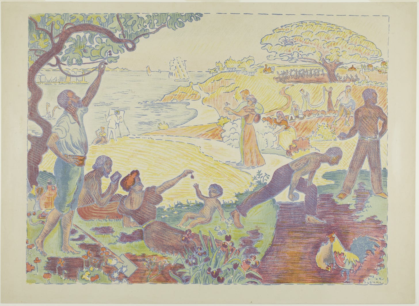  Color Lithograph in green, blue, yellow, red, and peach with scraping on plate, from a zinc plate on buff wove paper - Called In Times of Harmony by Paul Signac