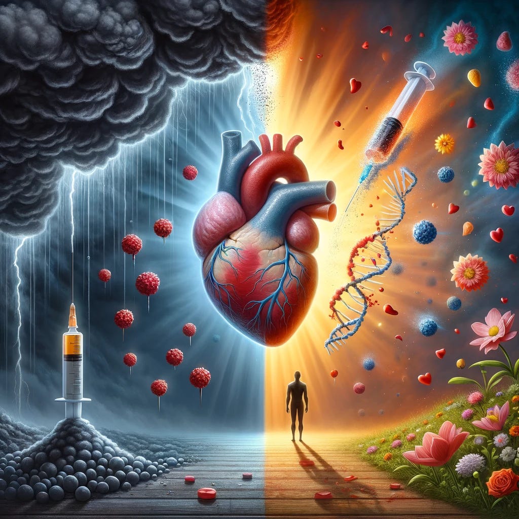 A conceptual art piece depicting the effects of a drug on heart disease, divided into two halves. On the left, a stormy dark cloud shaped like a triglyceride molecule looms over a distressed human heart in a gloomy environment, symbolizing high triglyceride levels and cardiovascular risks. On the right, the same heart appears healthy and vibrant, surrounded by dissolving triglyceride molecules and blooming flowers, symbolizing the therapeutic effects of the drug. A syringe emits bright rays transforming the gloomy side to vibrant health. The background subtly incorporates a DNA helix, symbolizing genetic factors.
