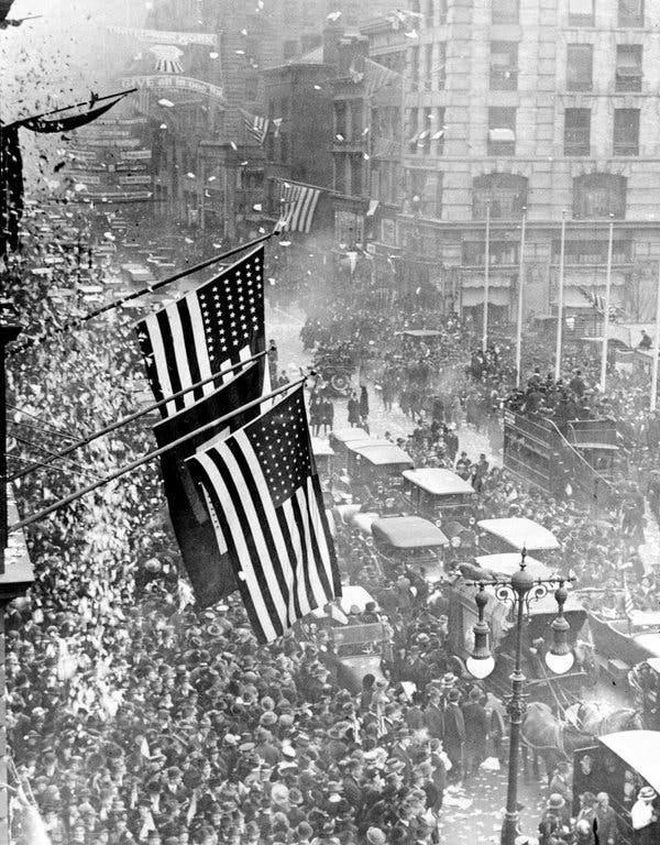 People celebrate Armistice Day in New York City on Nov. 11, 1918.