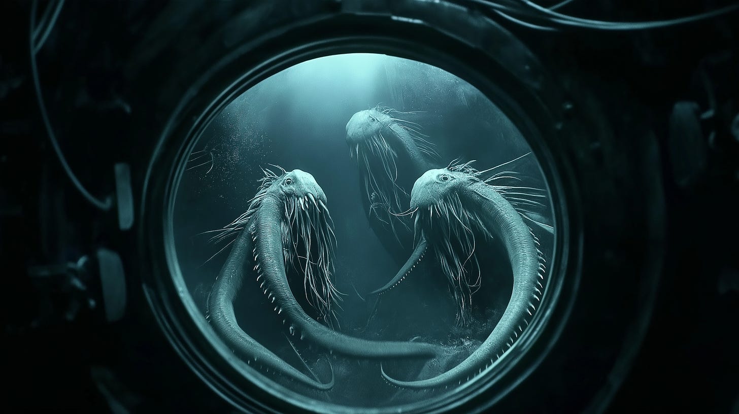 "Swimming with the Weird", digital illustration by Johnny Profane Au. Through a circular porthole, we glimpse three alien-like creatures with elongated bodies and bulbous heads floating in a deep teal sea. Their pale, translucent skin contrasts with the dark waters, with wispy tendrils trailing from their heads. The creatures' mouths are lined with small, pointed teeth, creating an otherworldly appearance. Digital tools included AI.