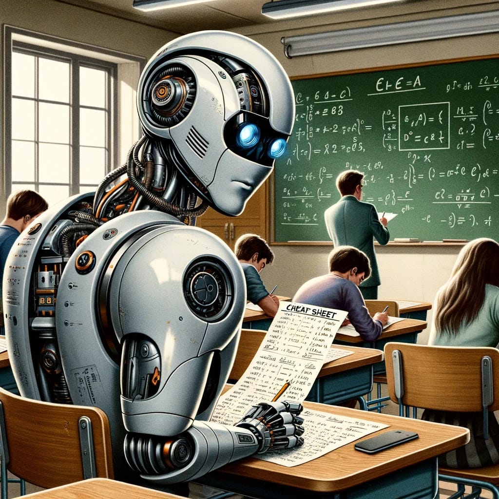 A comical illustration of a robot student in a classroom setting, trying to cheat on a school exam. The robot, designed with a sleek and futuristic appearance, is cleverly holding a cheat sheet with its mechanical hands under the desk. The cheat sheet is filled with equations and notes relevant to the exam. Despite its advanced technology, the robot peers at the cheat sheet with a look of intense concentration, mimicking human behavior. Around it, human students are diligently working on their exams, unaware of the robot's deceitful tactic. The classroom is typical, with a chalkboard in the background, wooden desks, and a teacher at the front of the room, monitoring the students but not noticing the robot's actions. This scene blends elements of futuristic technology with the classic high school exam scenario, creating a humorous contrast.
