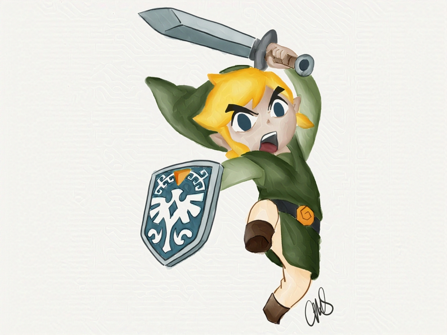 Link from "Legend of Zelda: Links Awakening" jumping with sword and shield held high.