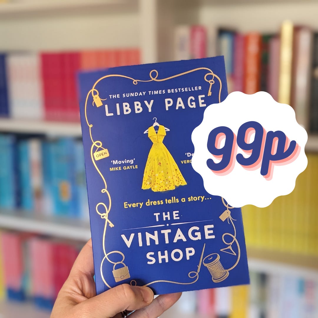 The cover of The Vintage Shop by Libby Page which shows a yellow dress surrounded by twisting thread and sewing related items. 