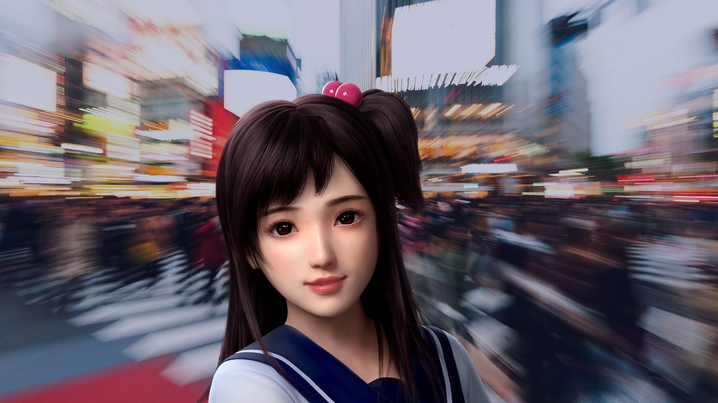 Digital render of a teenage Chinese girl with a blurred busy street scene behind her.