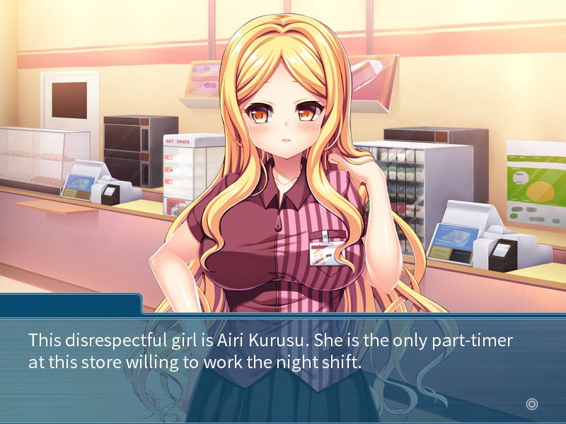 A blonde is on the screen while the narrator tells she's a disrespectful part-timer named Airi Kurusu
