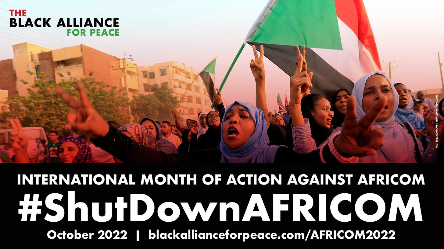Women protest in Khartoum, Sudan. International Month of Against AFRICOM #ShutDownAFRICOM October 2022 blackallianceforpeace.com/africom2022
