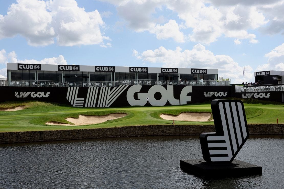 A general view of the LIV Golf logo on the 18th green at the Centurion Club.