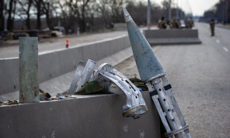 The casing of a Russian cluster bomb rocket east of the port city of Mykolaiv, Ukraine in March,