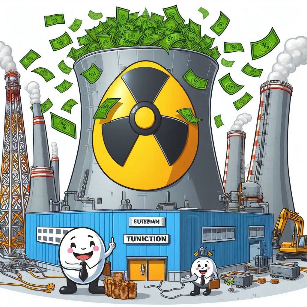 A cartoonish looking nuclear reactor and the images is supposed to demonstrate that the nuclear reactors and nuclear industry is a great way to make tons and tons of money