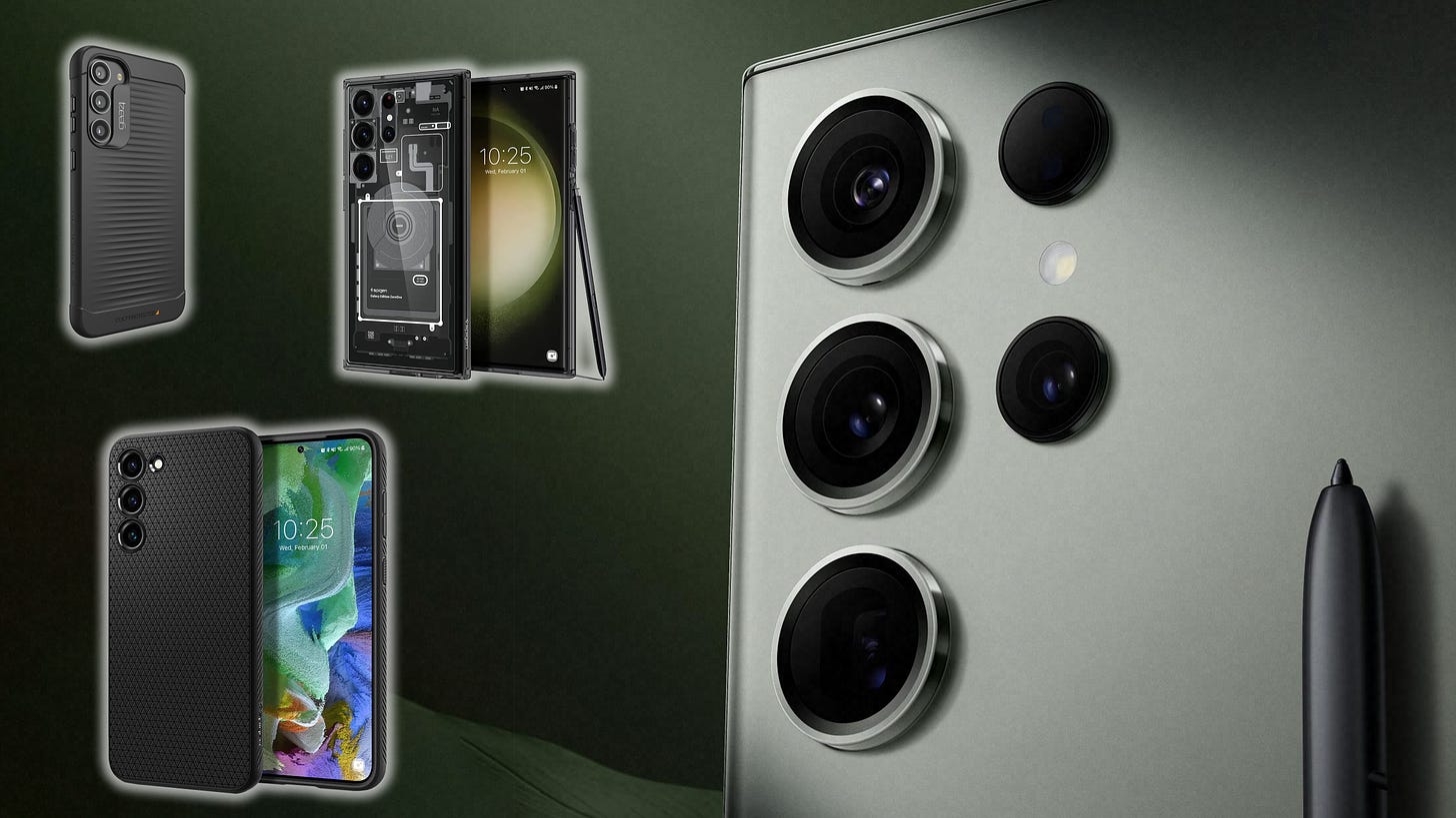 Collage showing close-up of the Galaxy S23 Ultra cameras with case images floating next to it