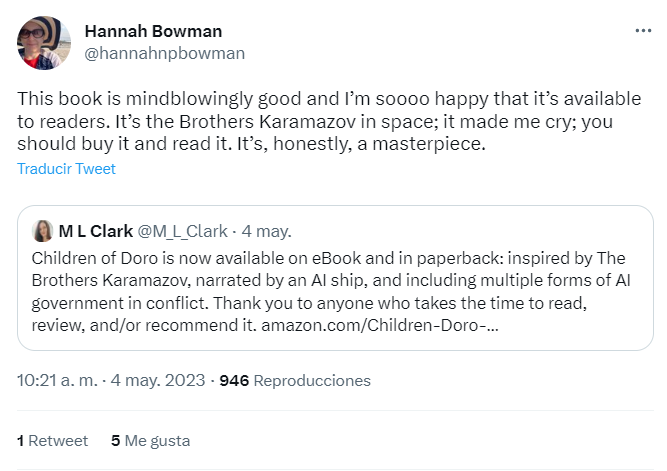 My agent's kind words on Twitter, calling the book "mindblowingly good" and a "masterpiece". What a kindness this was to read.