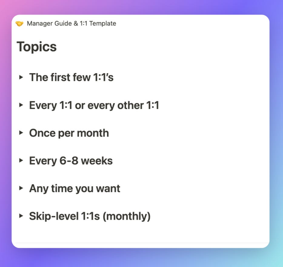 Topic categories in the Manager Guide. Some include: First few 1:1s, every 1:1 or every other 1:1, skip-level 1:1s, etc.