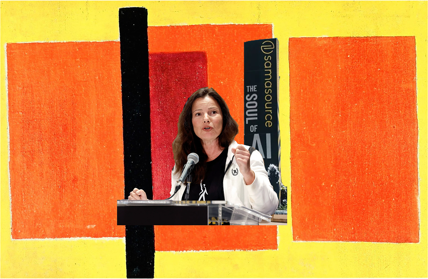 A photo of Fran Drescher, president of SAG-AFTRA delivering a speech on a lectern. To her right is a placard from Sama, a company outsourced to deliver content moderation for corporations based in the global north even as it operates in Nairobi, Kenya. Both these sit in front of a painting made up of a yellow background and three orange rectangles in a row. In between the first and second rectangle, is a tall but skinny black rectangle.