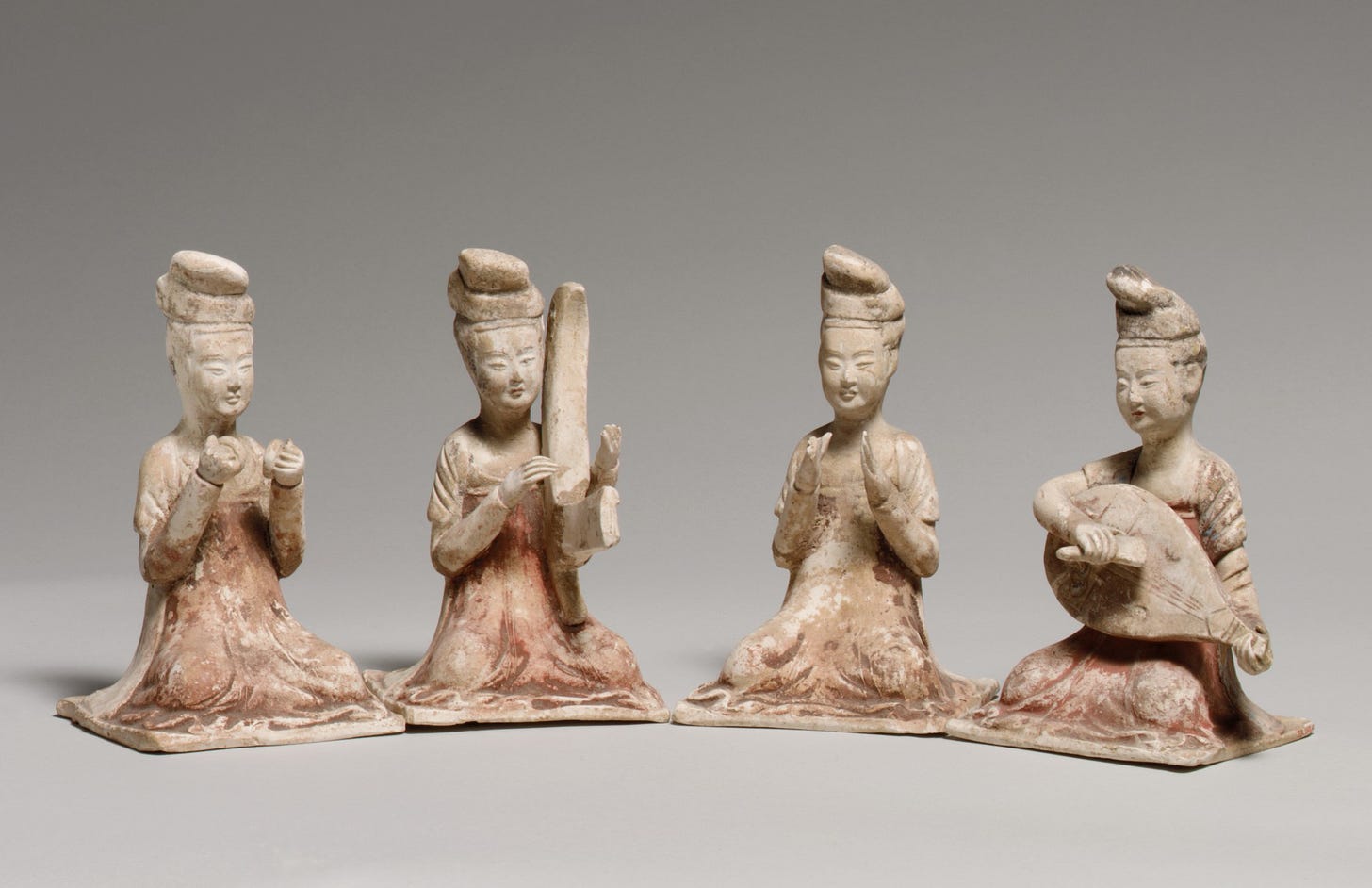 Seated Female Musicians, Earthenware with pigment, China