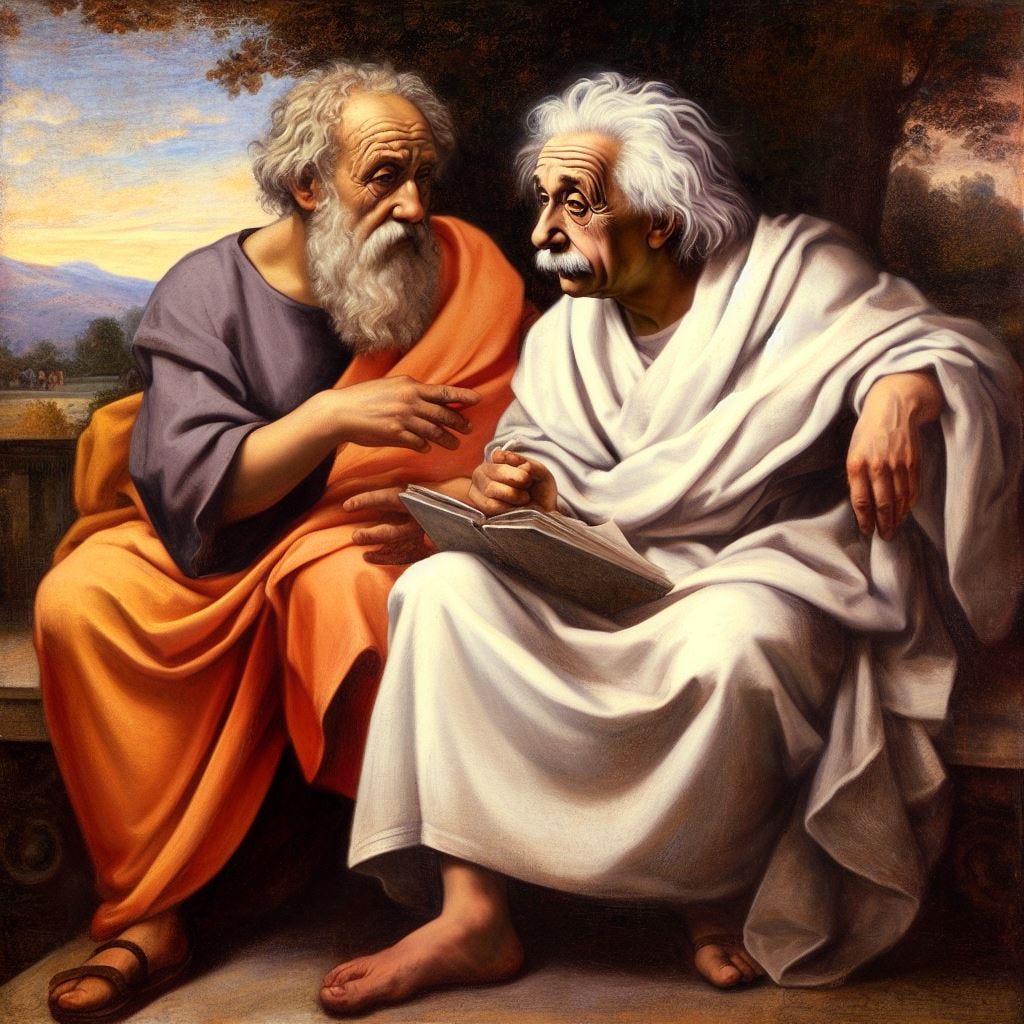 Plato discussing with Albert Einstein. Einstein has his characteristic white hair and beards. They are seated in a park in the evening. In the artstyle of michelangelo.