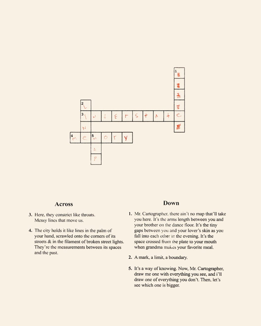 1280 A crossword with two “Across” answers and three “Down” answers appears at the center of the page. The clues are arranged into separate “Across” and “Down” columns, and the text of the clues refers to urban environments and a character called “Mr. Cartographer.” The answers appear handwritten in red pen and are “Memory,” “Interstate,” “Map,” “Line,” and “State,” the last of which is crossed out.