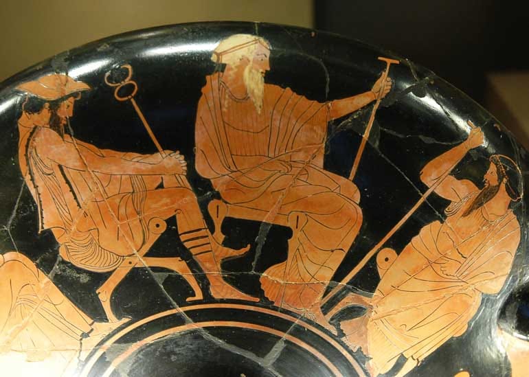 red figure vase: from left to right, Hermes (with the caduceus), Phoenix and Odysseus. Detail of an Attic red-figure cup, ca. 480 BC–470 BC. From Vulci.