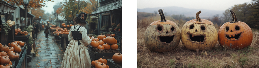 A split image: on the left, a woman in historical clothing with her back turned walks through a rustic outdoor market lined with baskets and barrels filled with pumpkins, under autumn trees. On the right, three weathered, carved pumpkins with large, expressive faces sit in a grassy field, looking slightly decayed and adding a whimsical, eerie charm against a natural, misty backdrop. The juxtaposition captures the seasonal spirit of autumn and Halloween, blending tradition with a hint of humor.