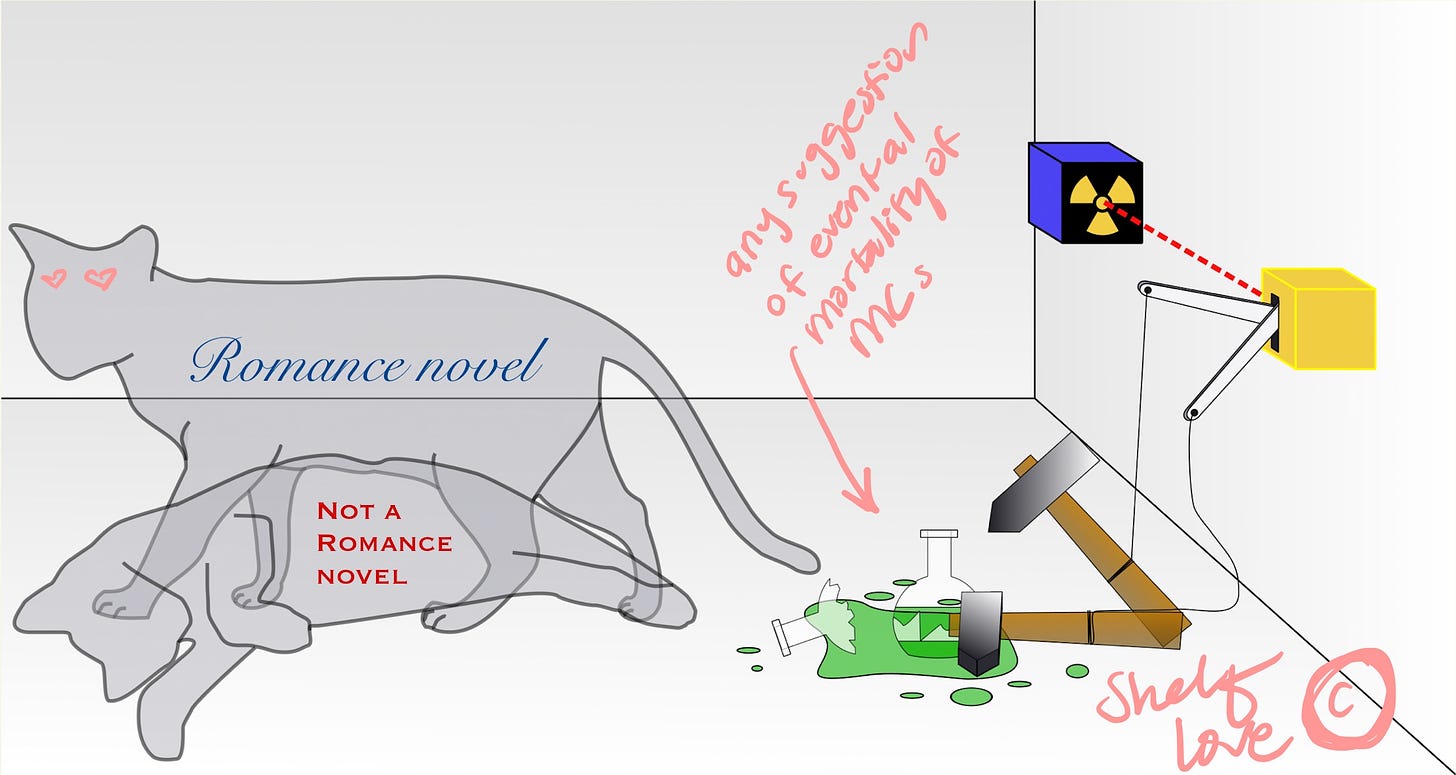 Image representing Schrodinger's cat: two versions of the same cat in a box. In one version, poison has been released via a mechanism, killing the cat; in the other, the poison hasn't been released and the cat still lives. In this version, the living cat is labeled "romance novel" and the dead cat is "not a romance novel," and the poison is labeled: "any suggestion of eventual mortality of the MCs."