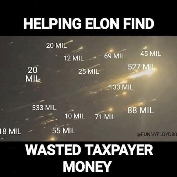 May be an image of money and text that says 'HELPING ELON FIND 20 MIL 12 12MIL MIL 69 MIL 20 MIL 45 MIL 25 25MIL MIL 527 MIL 33 MIL 333 333MIL MIL 10 MIL 8 MIL 71MIL 71 MIL 88 MIL 55 MIL WASTED TAXPAYER MONEY'