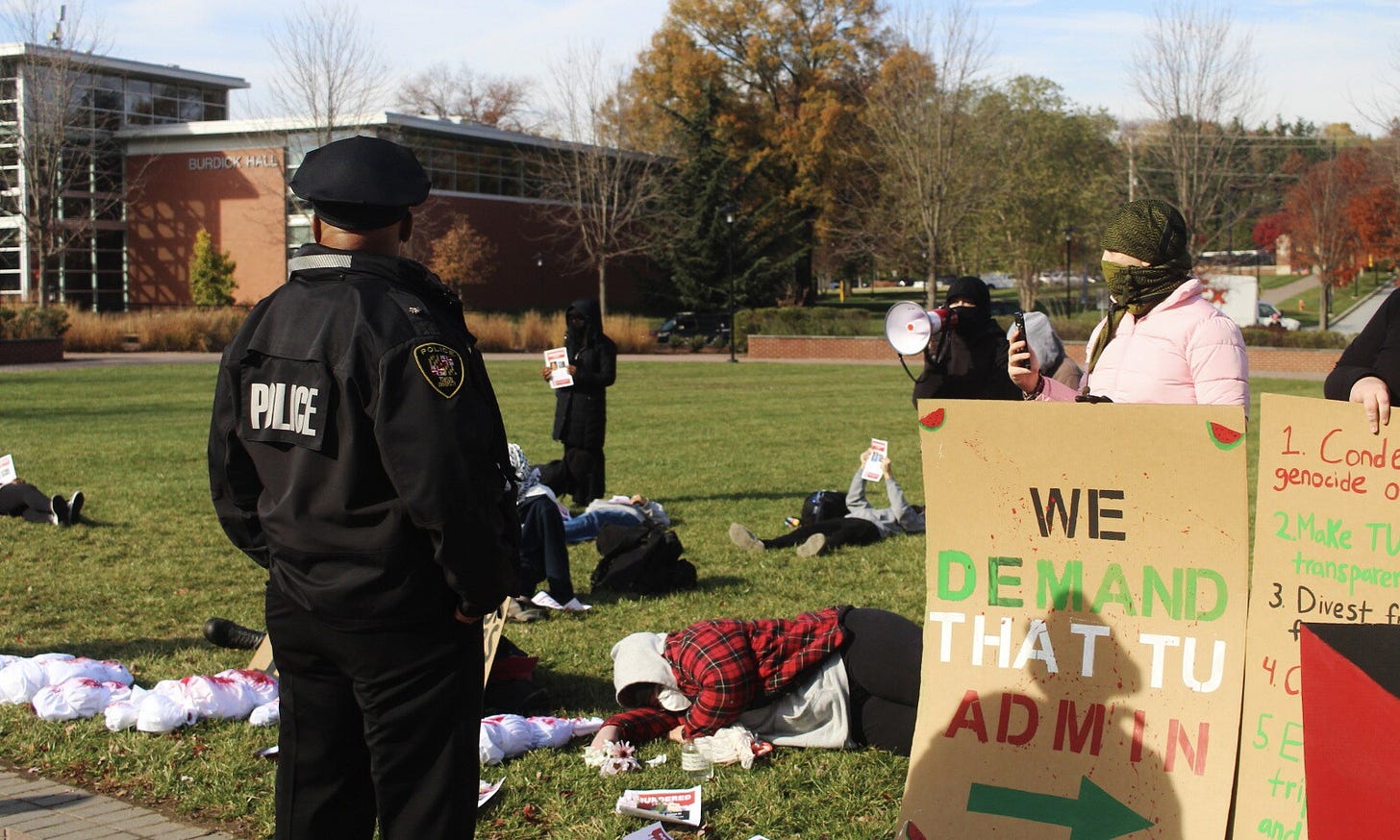 Towson University students  participated in an on-campus die-in supporting Palestine.