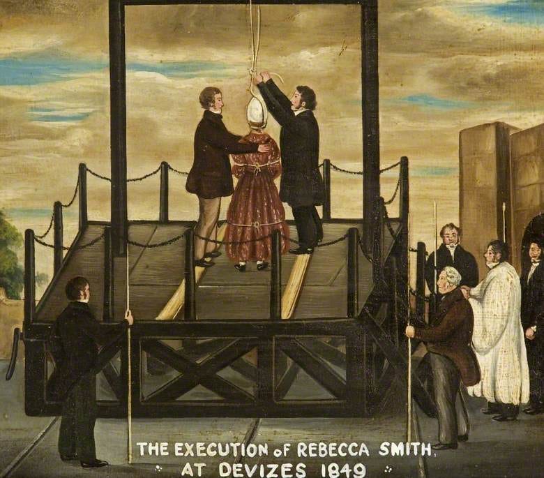 A paining of the hanging of Rebecca Smith, Devizes 1849. Here we see Rebecca on the gallows the rope being tied around her neck. A man standing either side of her. Below the chaplain and several other male officials. Image: Wiltshire Museum.