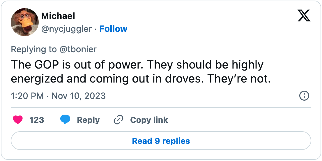 November 10, 2013 tweet from Michael reading, "The GOP is out of power. They should be highly energized and coming out in droves. They’re not."