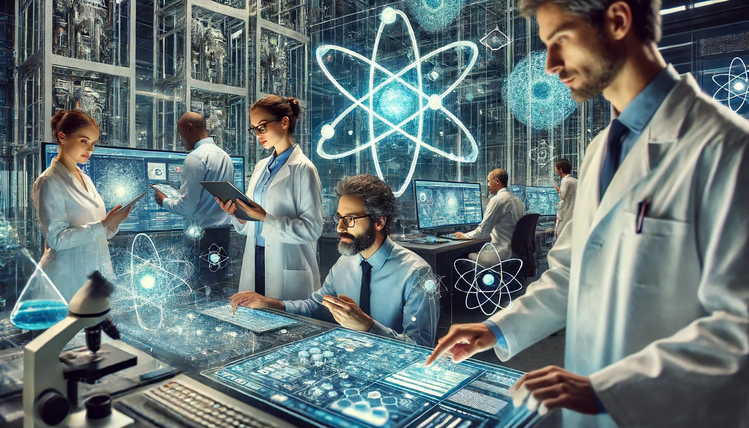 A diverse team of scientists in a modern research facility, using artificial intelligence to study and visualize subatomic particles. They are interacting with advanced digital displays and other cutting-edge technology. The scene is dynamic and collaborative, highlighting various scientific equipment and a futuristic setting. The image is in a 16:9 aspect ratio, emphasizing the widescreen format and detailed environment.