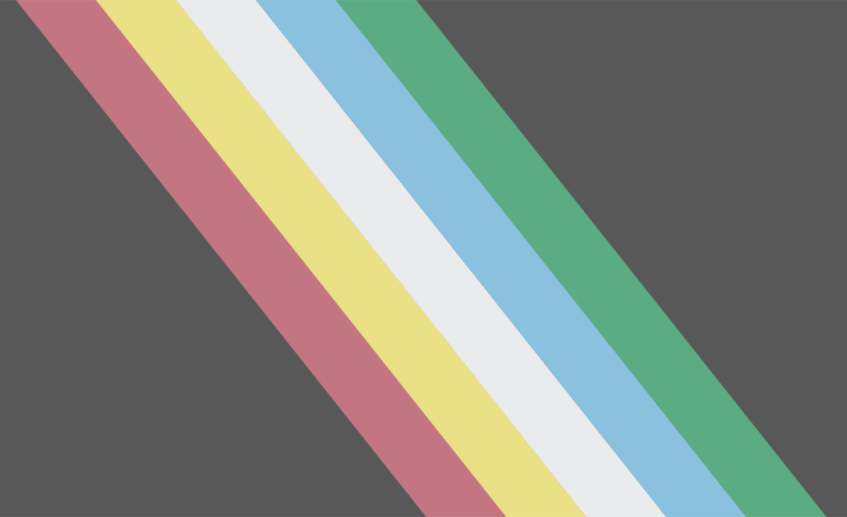 Disability pride flag. Black corners with red, yellow, white, blue, and green diagonal stripes.