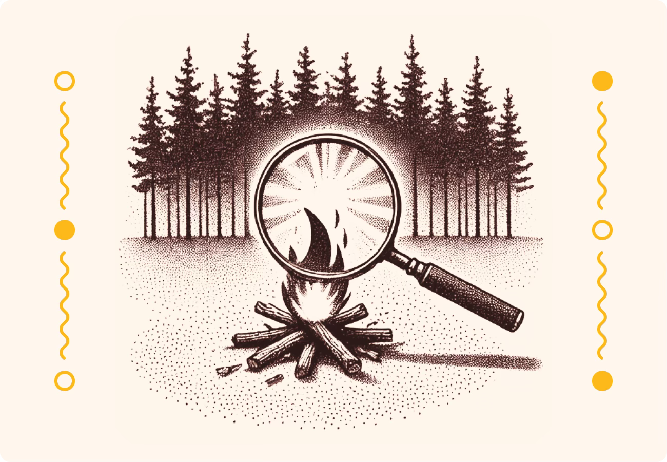 An illustration of a fire in a clearing in the woods, started using a magnifying glass to focus light from the sun
