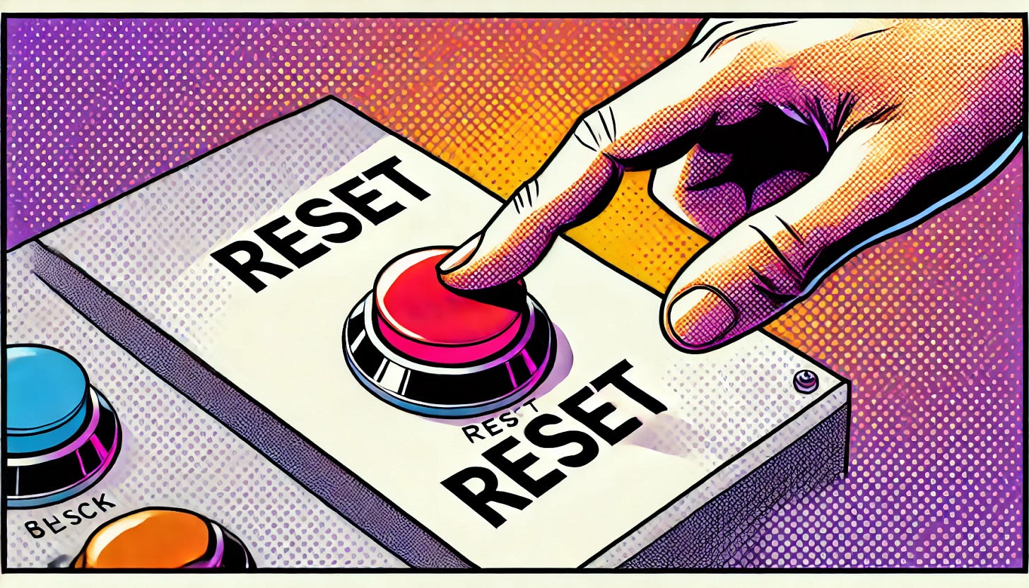 A close-up pop art style illustration of a large button labeled 'reset' on a control panel. A single finger is poised just above the button, about to press it. The color palette is restricted to bright purple, bright orange, black, and white, with a white background. The scene is clean and minimal, emphasizing the dramatic action and the significance of the 'reset' button.