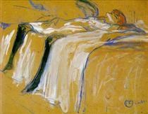 An oil on cardboard sketch of a woman splayed out on a bed, "Alone (Elles)," Henri de Toulouse-Lautrec, 1896