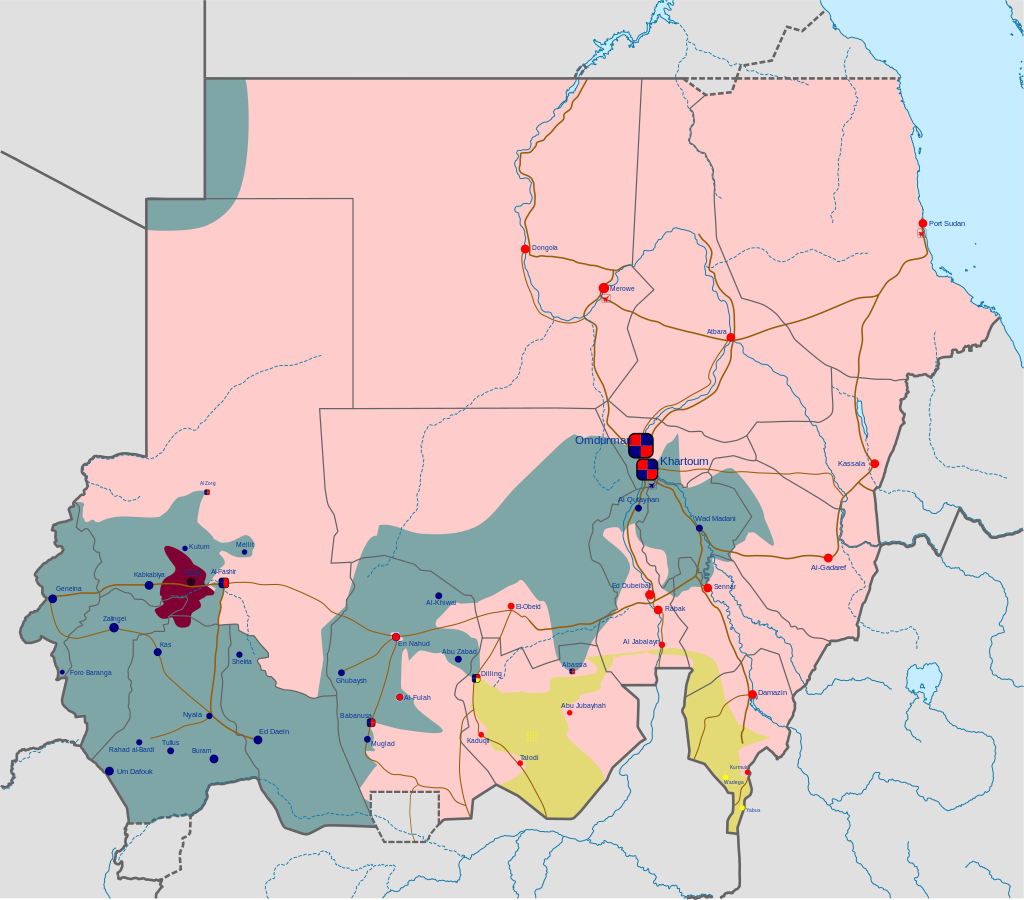 A map of Sudan, showing the RSF dominant in the west of the country, the SAF dominant in the east, and the centre split between both sides.