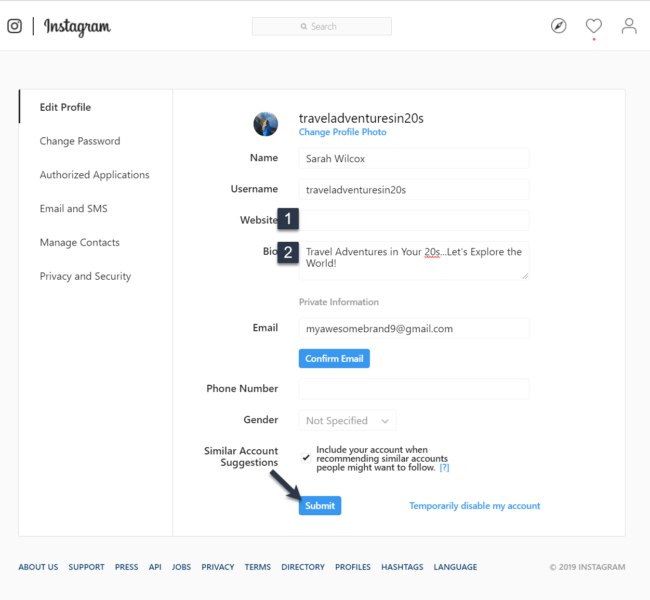 Instagram business profile information to fill out 2021