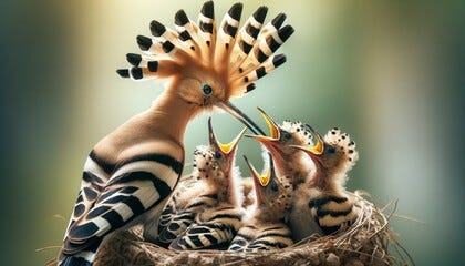 A close-up of a hoopoe bird feeding its chicks in the nest.