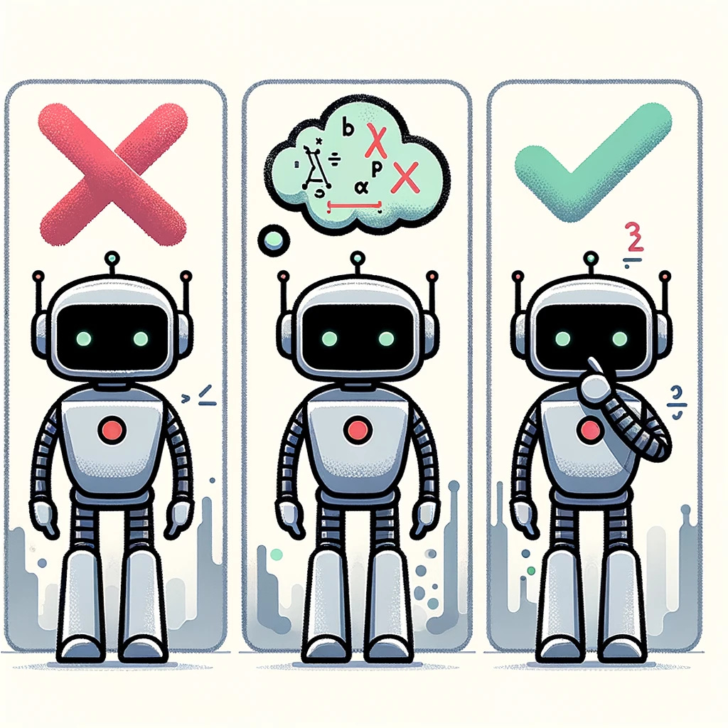 A simple, yet expressive illustration of a robot learning from its mistakes, embodying the concept of backpropagation. The robot, with a friendly and approachable design, stands in the center. In front of it, there's a series of panels showing its progress: the first panel displays a mistake, symbolized by a red 'X', the middle panel shows the robot contemplating with a thought bubble containing mathematical symbols, and the final panel shows a green checkmark, indicating successful learning. The background is minimalistic, focusing the attention on the robot's learning journey.