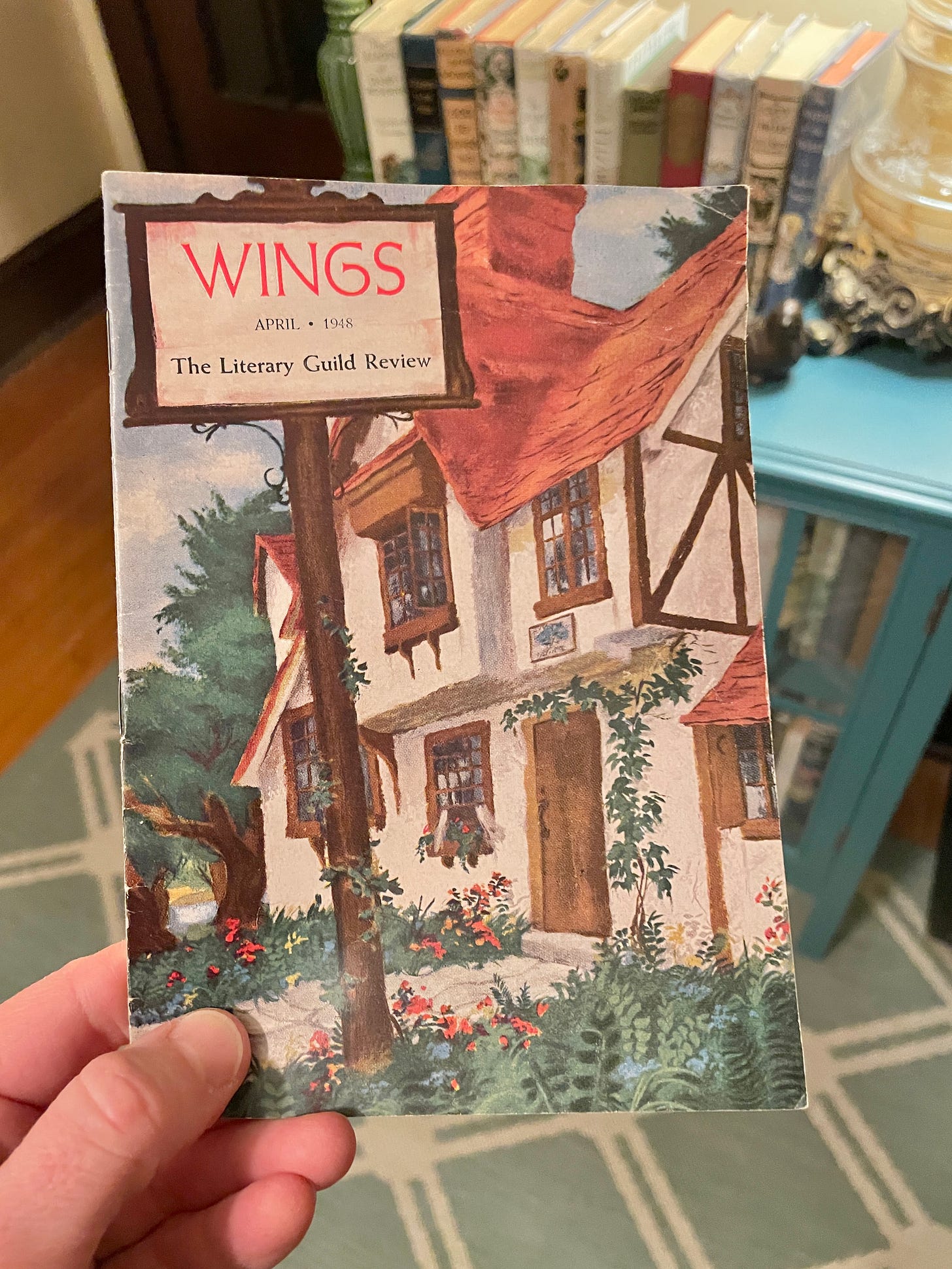 The cover of the April 1948 edition of Wings, which features Elizabeth Goudge and her book, Pilgrim’s Inn, the second in the Eliot trilogy.