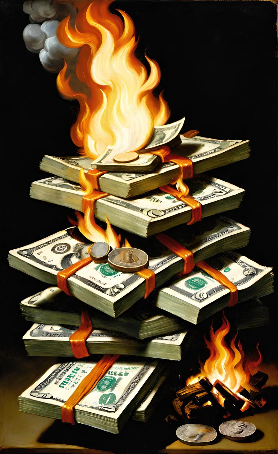 Pile of cash on fire