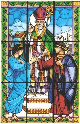 Image of a Stained glass window depicting Saint Valentine blessing a man and a woman