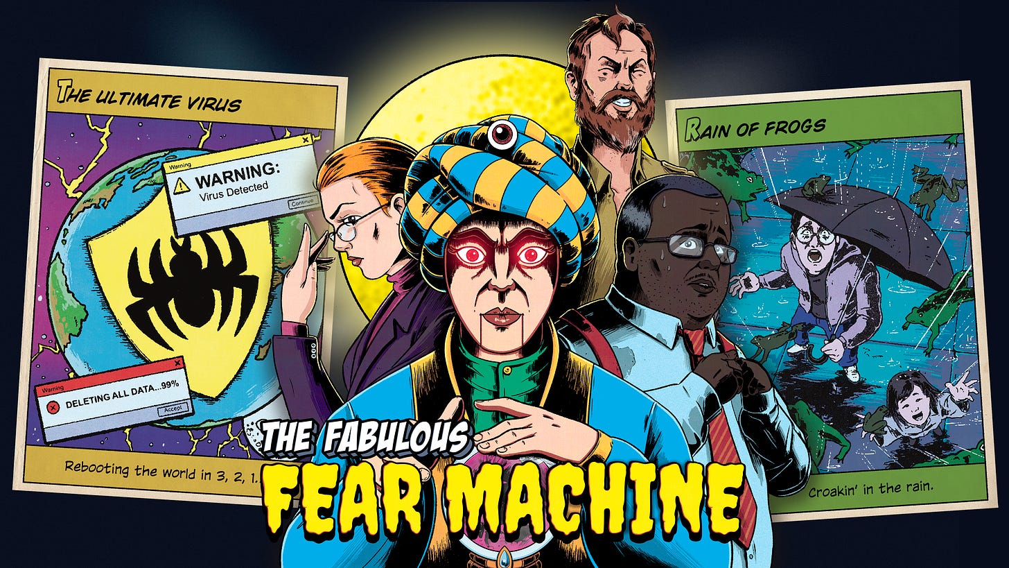 Cover for The Fabulous Fear Machine, showing the machine at the centre, with the campaign characters behind it, in between two Legend cards, The Ultimate Virus and Rain of Frogs.