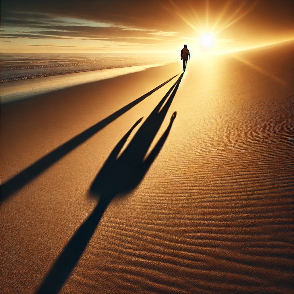 An inspiring image of a long shadow cast by a lone walker at sunset on a vast, empty beach. The shadow stretching long into the horizon symbolizes the individual's journey, emphasizing the theme of personal growth and the expansive potential within each person.