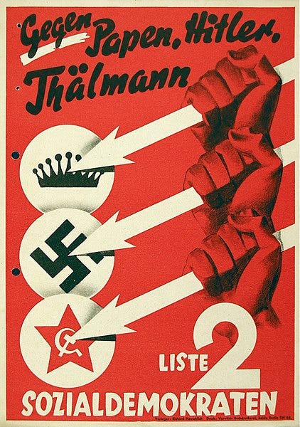 File:Three Arrows election poster of the Social Democratic Party of Germany, 1932 - Gegen Papen, Hitler, Thälmann.jpg